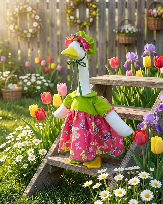 Summer Porch Goose Outfits with Hat, 23" Lawn Cement Goose Clothes for Spring Summer, Patio Yard Garden Geese Decoration Gifts for Mom Grandma