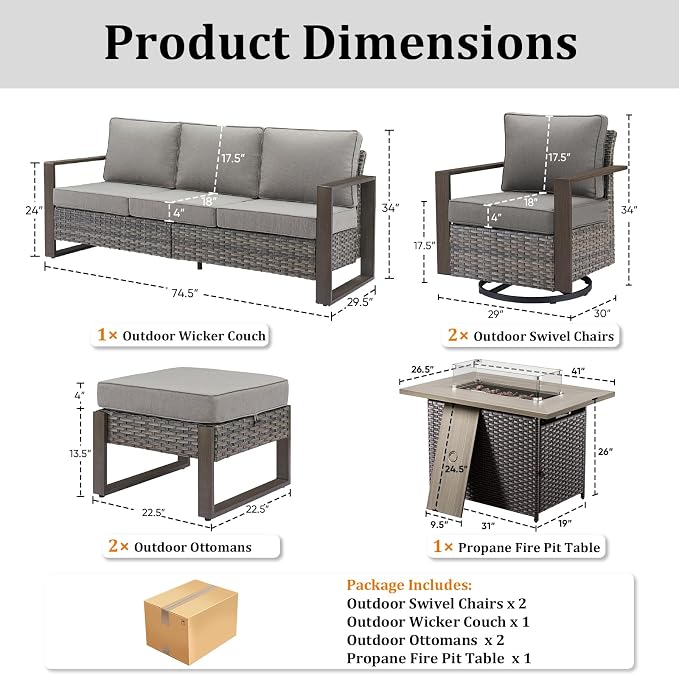 Patio Furniture Set with Fire Pit Table, 6-Piece Outdoor Wicker Sofa and Swivel Chairs, All-Weather Conversation Set for Backyard, Deck and Poolside, Grey/Grey