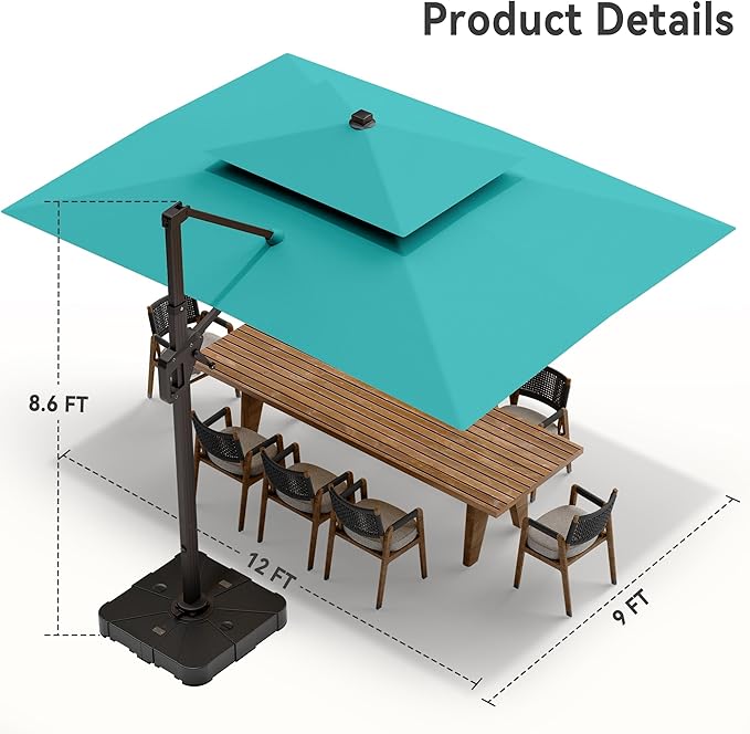 9' X 12' Cantilever Patio Umbrella with Base Included and Led Lights Double Top Rectangular Outdoor Large Offset Umbrellas with 7 Tilts Adjustable 360°Rotation for Deck Pool Garden Backyard, Turquoise