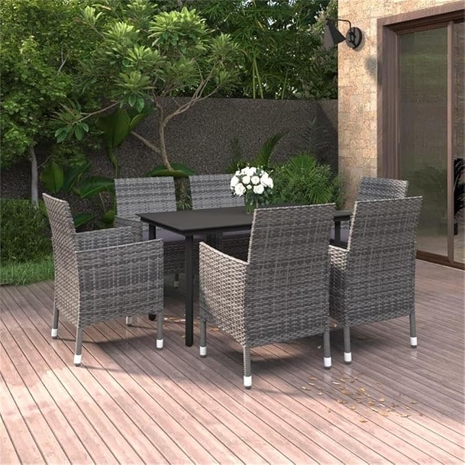 Afuera Living 7-Piece Garden Dining Set, Weatherproof PE Rattan, Gray/Dark Gray/Black, Glass Top Table, Cushioned Chairs, Modern Outdoor Patio Furniture for Terrace or Balcony Dining