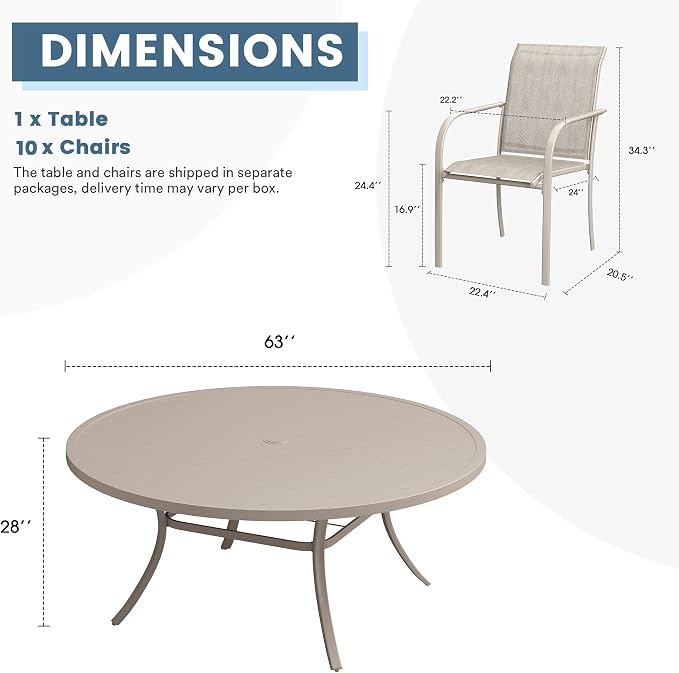 DIFY Patio Dining Set for 10, 11 Piece Outdoor Table and Chairs Set, 63" Round Metal Patio Dining Table and Textilene Stackable Patio Chairs, for Backyard Garden Poolside, Sandshell