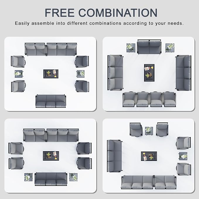 10 Pieces Patio Furniture Set, Metal Outdoor Conversation Sets with Swivel Chairs, Modern Couch Sofa Seating Group with Coffee Table and Side Table (Thick Gray Cushions)