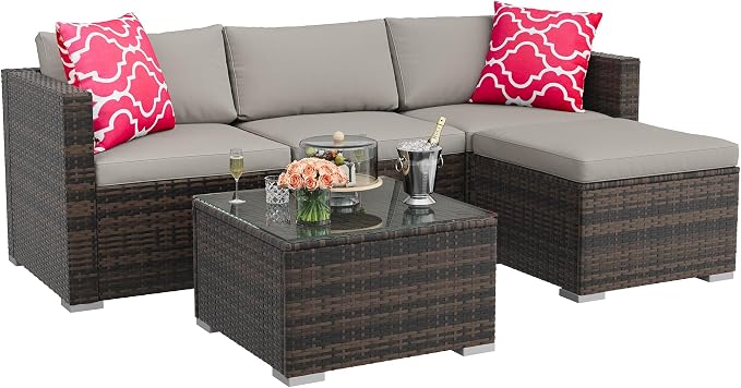 5-Piece Outdoor Sectional Sofa Set, All-Weather PE Rattan Patio Furniture with Ottoman & Tempered Glass Table, Convertible Garden Couch for Backyard, Porch, Poolside (Brown/Light Gray)