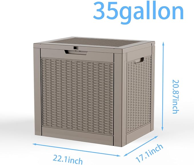 35-Gallon Outdoor Storage Box, Waterproof Deck Box for Patio Cushions, Garden Tools, Pool Accessories, Lockable Outside Storage Bin for Backyard & Deck (Grey)