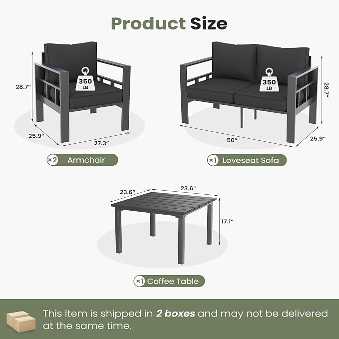 4 Piece Aluminum Patio Furniture Set, Thick Cushions, Aluminum Outdoor Sectional Conversation Set with Coffee Table for Porch, Backyard, Deck(Grey/Dark Grey-1)