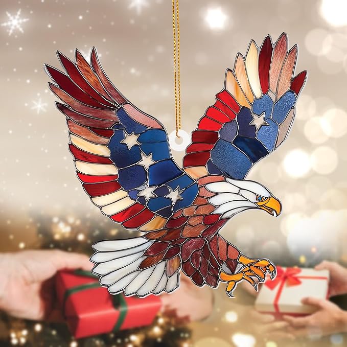 Bald Eagle Patriotic Ornament – Stained Glass American Flag Suncatcher, Acrylic Hanging Decor, USA Pride Home Office Gift, Veterans Independence Day & 4th of July Christmas Tree Ornament (Sun-11)