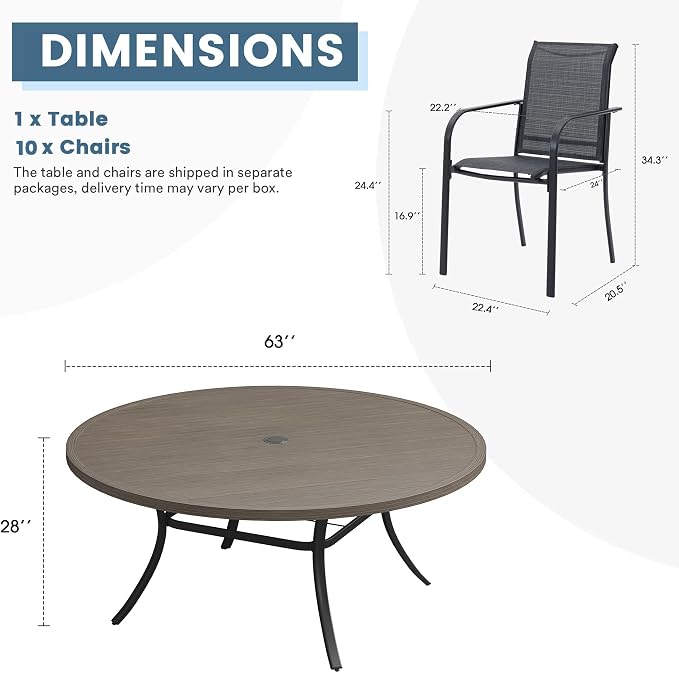 DIFY Patio Dining Set for 10, 11 Piece Outdoor Table and Chairs Set, 63" Grey Wood-Like Round Metal Patio Dining Table and Grey Textilene Stackable Patio Chairs, for Backyard Garden Poolside