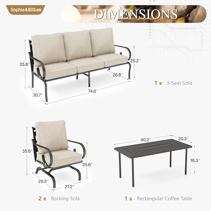 Sophia & William Patio Conversation Set for 7, 3-Seater Sofa, 4 Rocking Chairs and a Coffee Table, Metal Outdoor Furniture with 5.75" Extra Thick Cushions, Beige