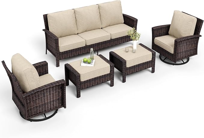 MIXPATIO 5-Piece Wicker Patio Furniture Set with Swivel Chairs, High Back Outdoor Furniture with 5.5-inch Thick Cushion and Ottoman, All-Weather Wicker Patio Conversation Set for Deck Yard Pool, Beige