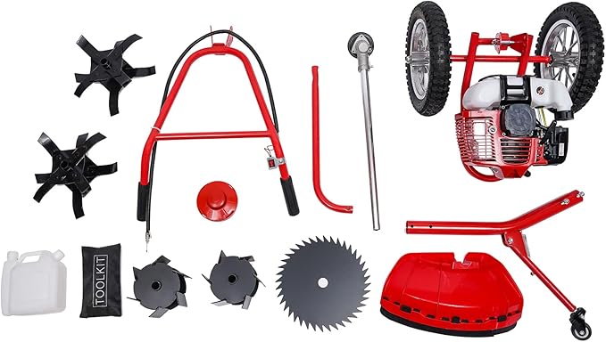 49CC 2-Stroke 1500W Gas-Powered Lawn Mower, 2-in-1 Handheld String Trimmer & Hand Push Weeder with Soil Loosening Function, Lightweight Garden Tool for Home Yard Mowing and Tilling