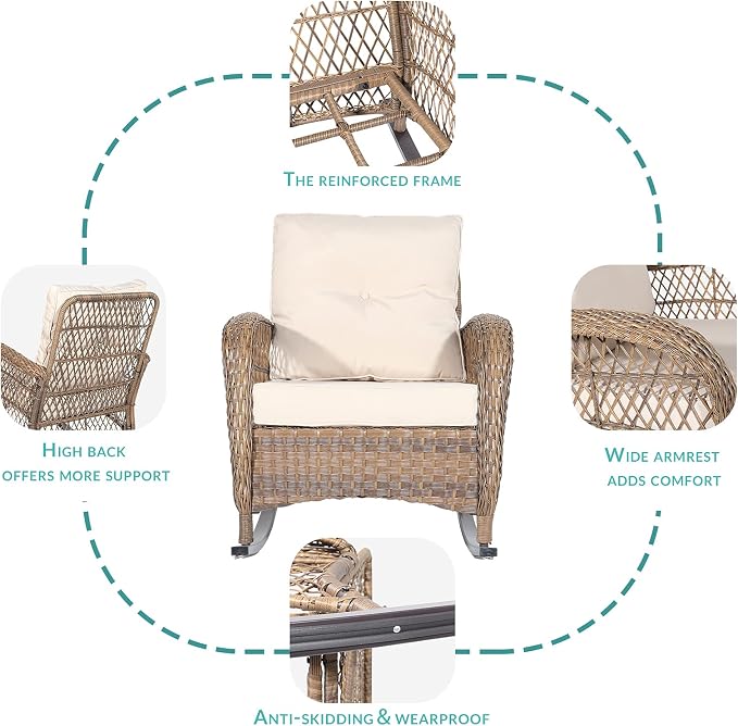MEETWARM 4 Pieces Outdoor Wicker Patio Conversation Sets with Glider Loveseat, 2 Chairs with Glass-Top Coffee Table Rocking Chair Set, Wicker Conversation Set with Thickened Cushions