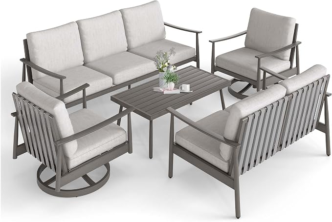 HAPPATIO Outdoor Furniture Set - 5 Piece Aluminum Patio Conversation Set with 1 Coffee Table, 2 Swivel Chairs, Loveseat and 3-Seat Sofa, Aluminum Patio Furniture Set for Backyard Deck Poolside (Grey)