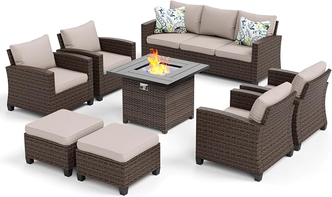 MIXPATIO Patio Furniture Set, 8 Pcs Wicker Rattan Outdoor Conversation Set, 4 x Leg Chairs, 1 x 3 Seater Sofa and 2 x Ottomans with 4" Thick Cushion and 32" Fire Pit Table, Beige