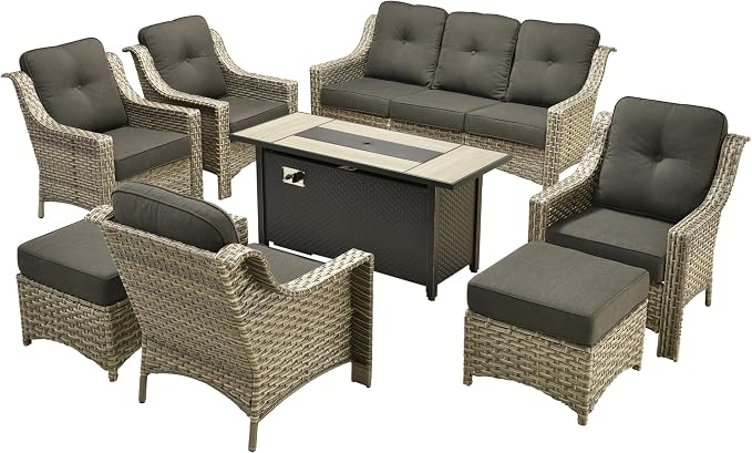 Outdoor Patio Furniture Sets, 8 PCS Patio Conversation Set Outside Rattan Sofa with 54 in Fire Pit Table Comfy Cushions Fit Backyard Porch Garden Poolside Balcony,Black