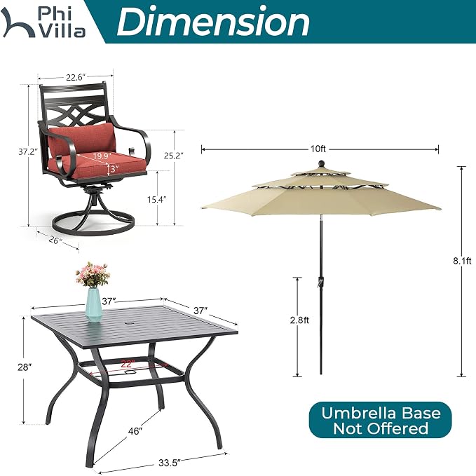 PHI VILLA Outdoor Dining Set with Umbrella for 4, 37" Metal Square Table & Wrought Iron Swivel Chairs, Patio Furniture with Red Cushions & Pillows for Deck, Porch