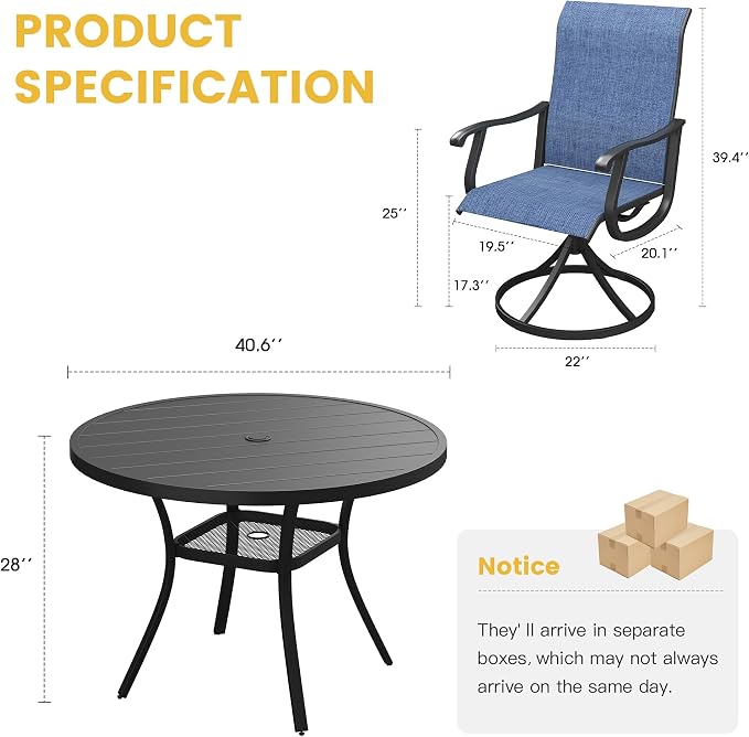 VICLLAX Patio Dining Set for 4, 5 Pieces Outdoor Furniture Includes 40.6" Round Patio Table with Umbrella Hole and 4 Outdoor Swivel Chairs for Lawn Garden, Black Tabletop and Blue Fabric