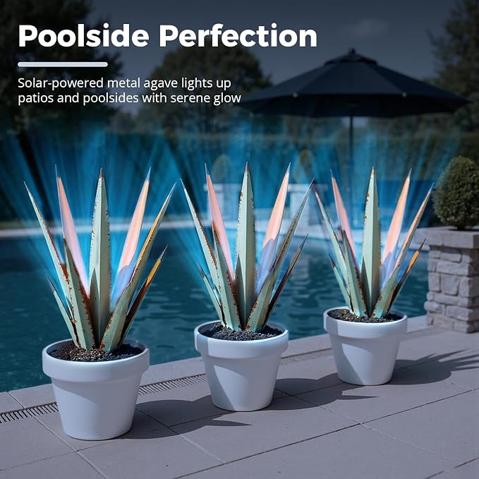 KODIBO 24" Metal Agave Plant Outdoor Decor with Solar Light, Vintage Blue | Solar-Powered Tequila Rustic Sculpture, Waterproof Material, Outdoor Patio Lawn Ornament Yard Stakes, Gift for Garden Lovers