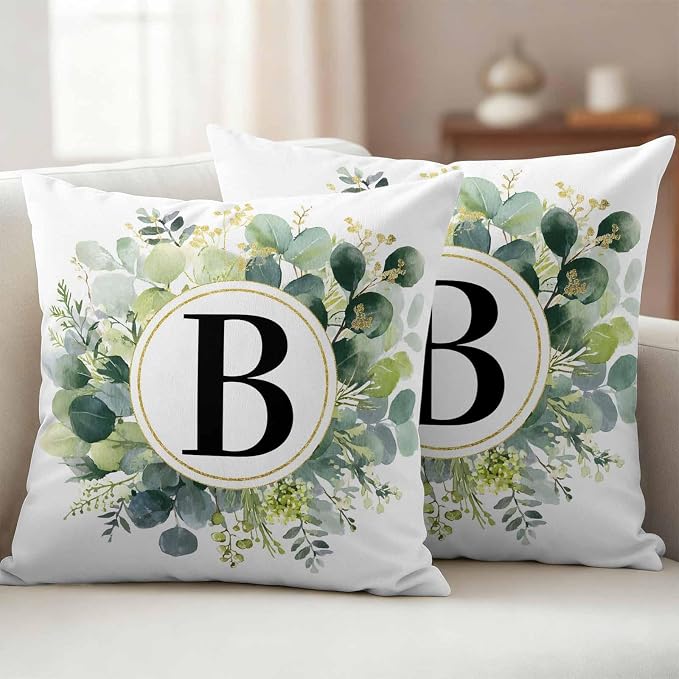 Letter B Waterproof Outdoor Pillow Covers Set of 2 Home Decor, Alphabet Green Eucalyptus Leaves Lumbar Pillowcase Patio Pillow Covers for Couch Bench Patio Furniture Garden 20x20in