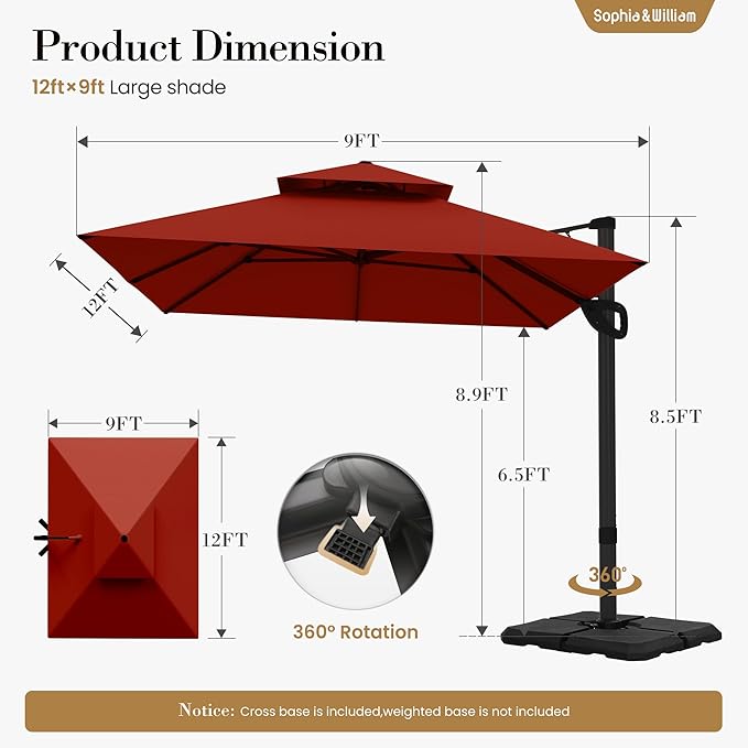 Sophia & William Cantilever Patio Umbrella 12ft, Offset Large Outdoor Umbrellas with 360°Rotation, Heavy Duty Hydraulic Double Umbrella for Garden Pool Backyard, Red (no base)