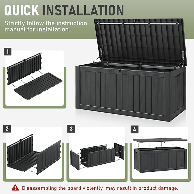 KAMABOKO Outdoor Storage Box, 150 Gallon Large Outdoor Resin Deck Box, Storage Waterproof Boxes Lockable Lid for Garden Tools, Pool Supplies, Patio Furniture and Cushions, Black