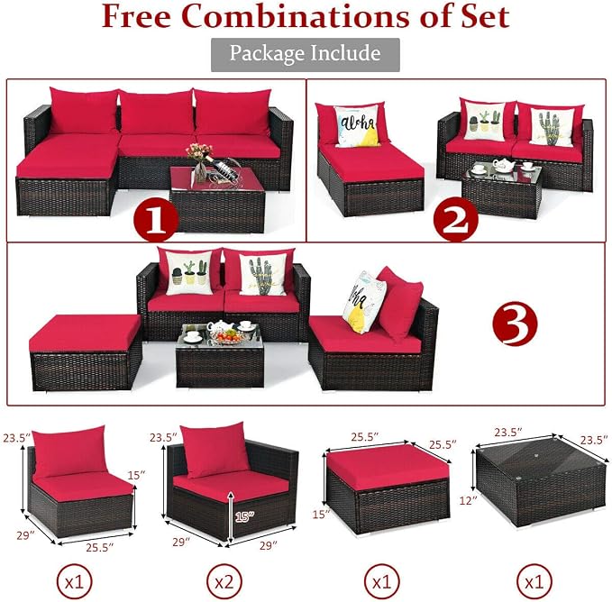 HAPPYGRILL 5PCS Patio Conversation Set Rattan Wicker Sectional Sofa Set with Coffee Table Outdoor Furniture Set with Cushions for Lawn Garden Porch