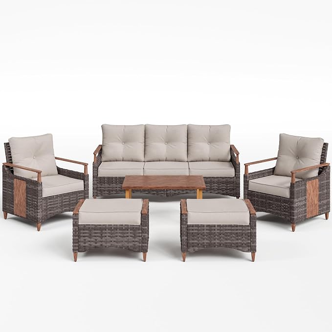 NestNook 6 Pieces Patio Furniture Set, Outdoor Conversation Set with All-Weather Handwoven PE Wicker Sofa, Rattan Chairs and Thick Cushion, Coffee Table & Ottoman for Backyard, Deck & Poolside, Beige