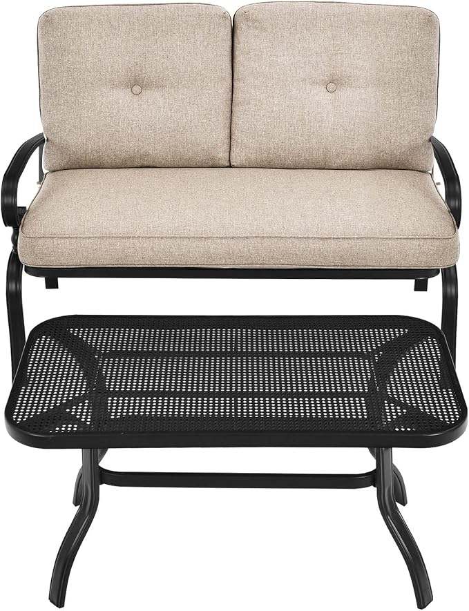 Tangkula Patio Loveseat with Table Set, 2 Seat Cushioned Sofa with Coffee Table, Patio Conversation Sofa Set with Rustproof Frame, 2 Pieces Outdoor Furniture Set for Garden, Poolside, Balcony (Beige)