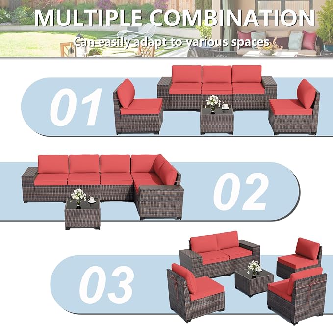 ALAULM 6 Pieces Patio Furniture Set, Oversized Seat/Armrest and High Back Wicker Sectional Furniture Set with Thick Cushion for Backyard, Garden, Red