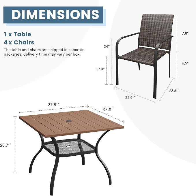 DIFY 5 Piece Outdoor Dining Set for 4, 37.8" Walnut Square Metal Dining Table with Umbrella Hole and Stackable Wicker Patio Chairs, All-Weather Patio Table and Chairs Set for Deck Garden Backyard