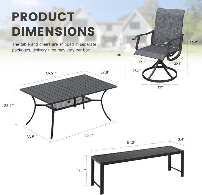6 Pieces Outdoor Dining Set, Patio Table and Chairs Set with 51" Garden Bench for 6-7 People, 59.2" Outdoor Dining Table and Swivel Patio Chairs for Deck Backyard, Charcoal and Black