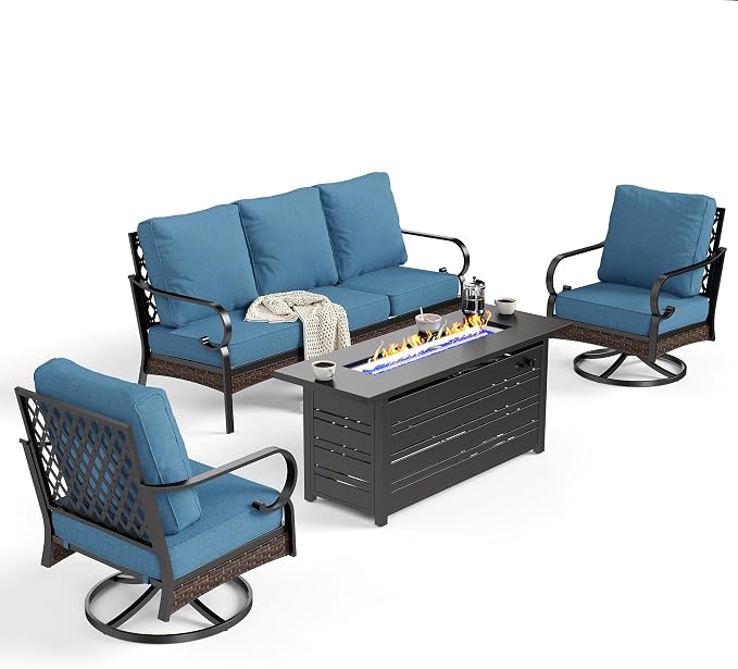 SUNSHINE VALLEY 4 Piece Metal Outdoor Patio Furniture Sets with Firepit Table, Patio Conversation Sets 1 3-Seater Sofa, 2 Swivel Sofa with 5.75" Thick Cushion Backyard Furniture for Deck, Denim Blue