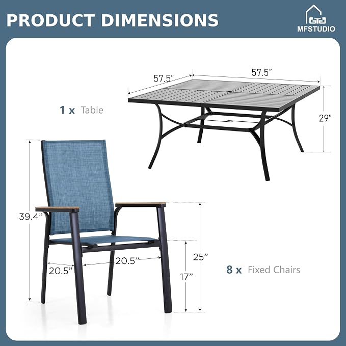 MFSTUDIO 9 Piece Outdoor Dining Set, Metal Table & Aluminum Chairs, Blue | Stackbale chairs, Light-weight & space-saving, Square Table, Umbrella Hole, Patio deck, 8 person