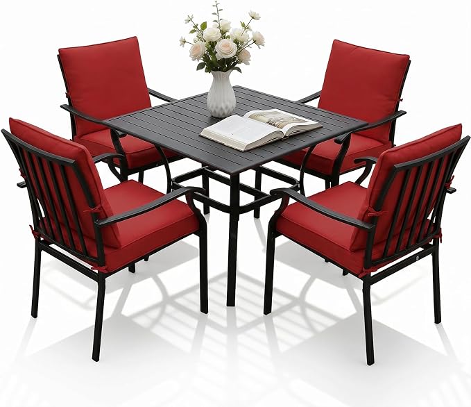 LVUYOYO 5-Piece Outdoor Patio Dining Set, Metal Stackable Chairs & Square Table Set, All-Weather Furniture for Backyard, Garden,Balcony,Porch (Red)