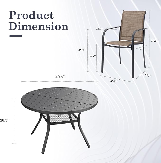 5 Pieces Outdoor Dining Set, Stackable Textilene Paito Chairs & 40.5" Round Dining Table with Umbrella Hole and Shelf, Patio Dining Set for Backyard, Deck, Garden, Brown & Black