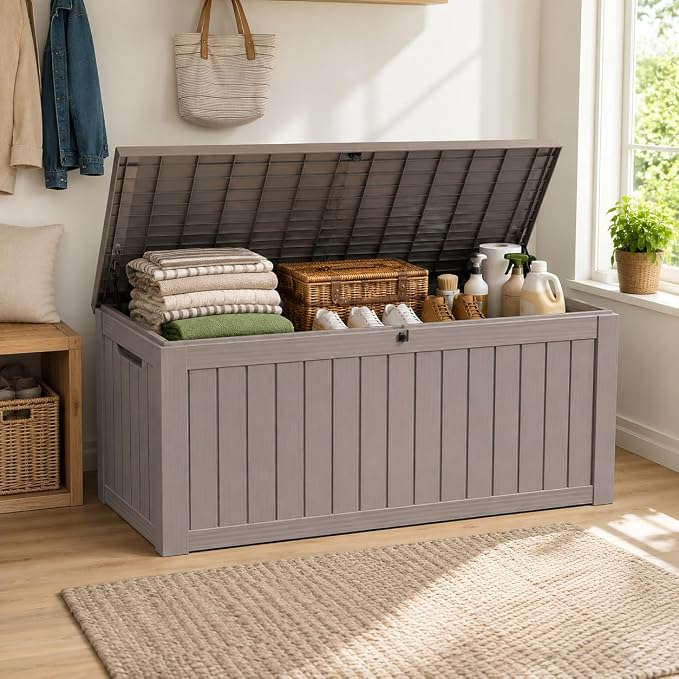Outdoor Deck Patio Storage Box - 170 Gallon Large Outdoor Deck Box, Plastic Storage Bin with Lid, Outside Toy Box & Pool Storage Container for Cushions, Garden Tools, Towel, Brown