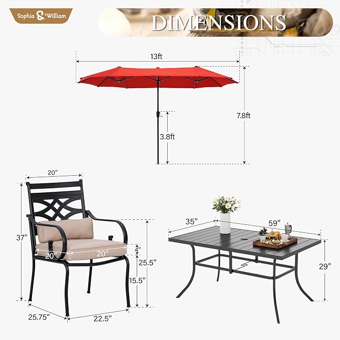 Sophia & William Patio Dining Set, 13ft Umbrella, Black | E-Coated,Padded Cushions