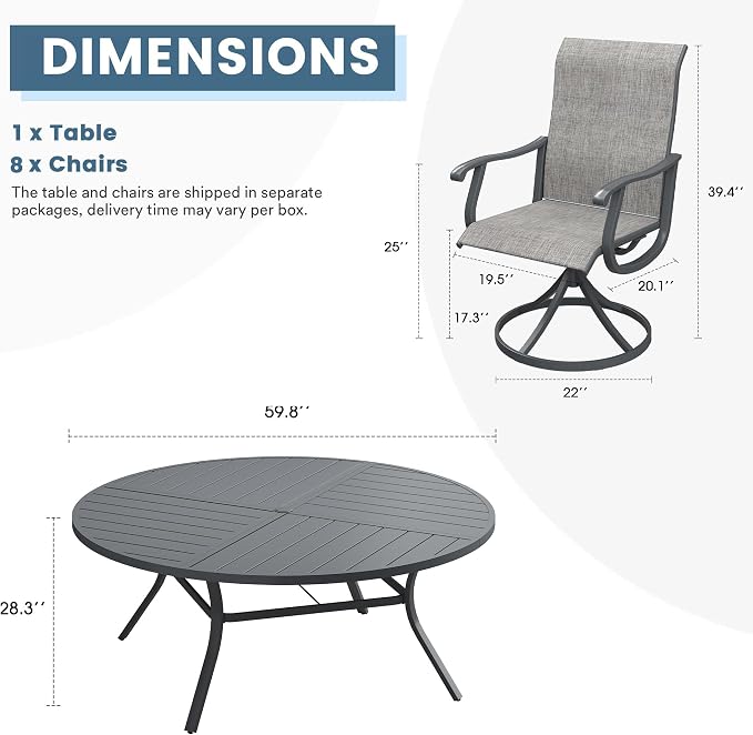 DIFY Patio Table and Chairs Set for 8, 9 Piece Outdoor Dining Set Includes 59.8" Round Metal Dining Table with Umbrella Hole and 8 Textilene Swivel Patio Chairs, for Garden Backyard Deck, Grey