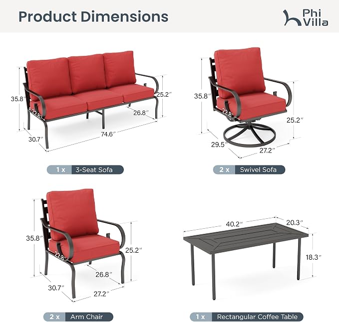 PHI VILLA Patio Furniture Set, 3-Seater Sofa, 2 Fixed Chairs, 2 Swivel Chairs and a Coffee Table, Outdoor Metal Conversation Set with 5.75" Extra Thick Cushion for Garden Backyard Deck, Red
