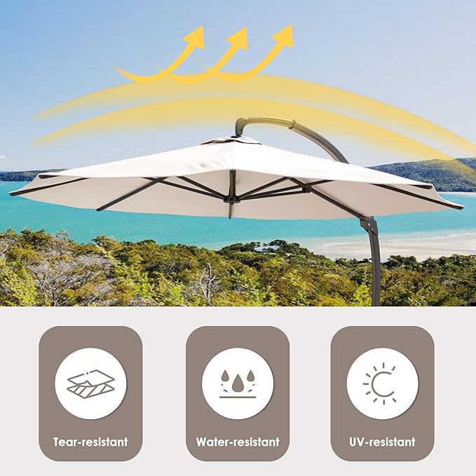 ENSTVER 12FT Solar Powered LED Light Cantilever Patio Umbrella With Base Included, Round Large Aluminum Outdoor Cantilever, Heavy Duty Offset Umbrella with 360°Rotation for Pool, Deck, Backyard