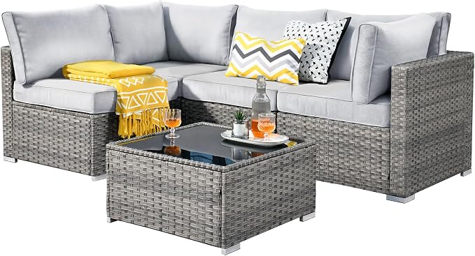 Weaxty 5 Pieces Patio Furniture Sets,Wicker Outdoor Sectional Sofa with Thicken Cushion and Rattan Coffee Table,Patio Conversation Couch Set for Porch, Balcony,Yard, Poolside,Light Gray