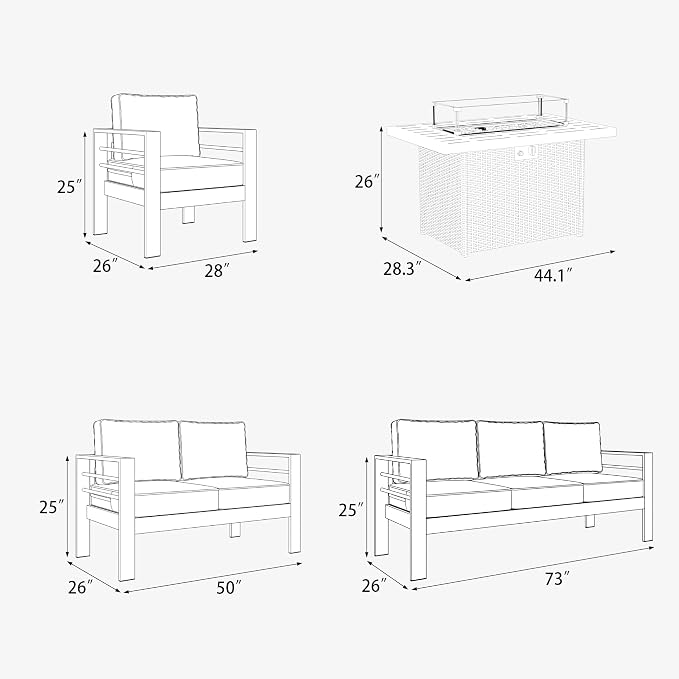 5 Pieces Aluminum Outdoor Patio Furniture Set with Fire Pit Table, Modern Metal Conversation Sofa Set with Deep Seating