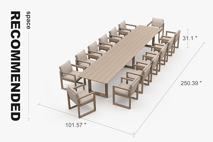 PURPLE LEAF Outdoor Dining Set for 14 Aluminum Extra Long Patio Furniture Table and Chairs Set with All Weather Thick Cushion Rectangular Patio Dining Sets for Huge Backyard Garden Poolside, Khaki