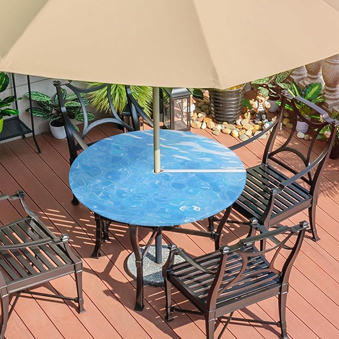 Fitted Round Tablecloth with Umbrella Hole and Zipper Ocean Outdoor Elastic Table Cloth 36"-44" Oil-Proof Waterproof Blue Water Patio Table Cover for Picnic Party
