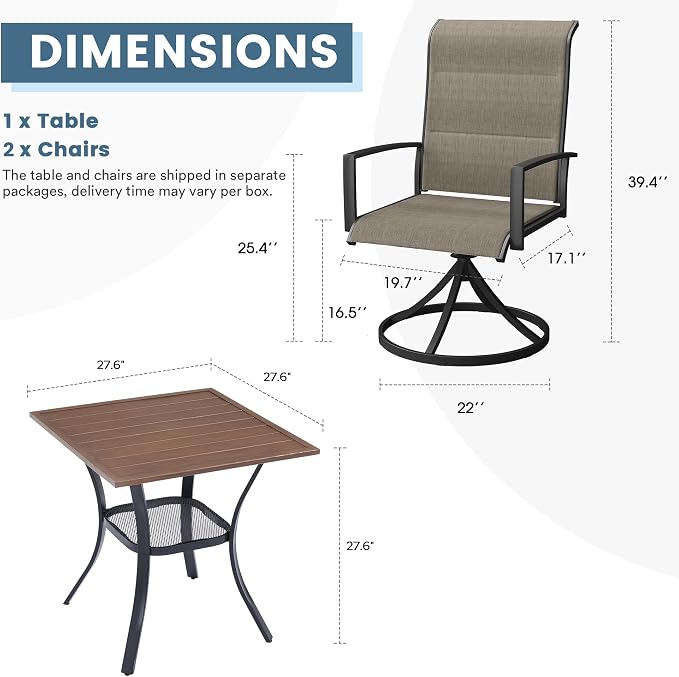 DIFY 3 Piece Outdoor Dining Set for 2, Patio Furniture Set with Padded Textilene Swivel Patio Chairs and 27.6" Small Square Metal Dining Table, Brown Fabric & Walnut Tabletop