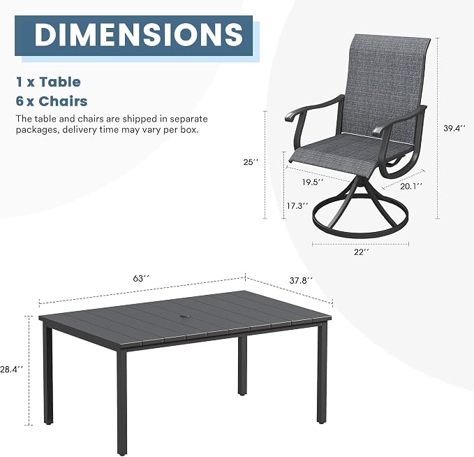 DIFY Outdoor Dining Set for 6, 7 Piece Patio Table and Chairs Set, Swivel Patio Chairs with Dark Grey Textilene & 63" Black Rectangle Metal Dining Table with Umbrella Hole, for Garden Backyard Deck