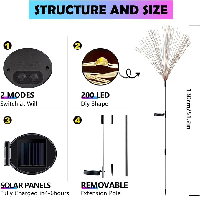2 Pack Solar Firework Lights Outdoor, 200 LED Starburst Garden Lights, Adjustable Height 2/3-Rod 51in Taller Design, Stainless Steel, 2 Modes, IP65 Waterproof Pathway Lights for Yard Patio Lawn