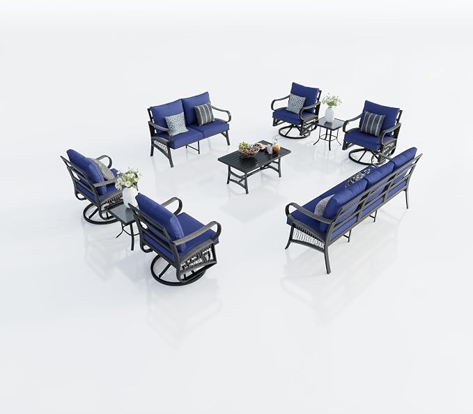 9 Pieces Patio Conversation Sets, All-Weather Metal Swivel Rocking Chairs with Rope Furniture Set, Outdoor Sofa Couch for Deck, Porch, Garden, Backyard, Poolside (Blue Cushions)