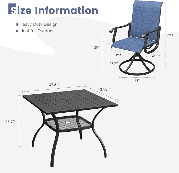 VICLLAX 5 Pieces Patio Dining Set, Patio Furniture Set of 4 Patio Swivel Dining Chairs and Square Patio Table with Storage Shelf, Navy Blue Chairs & Black Tabletop