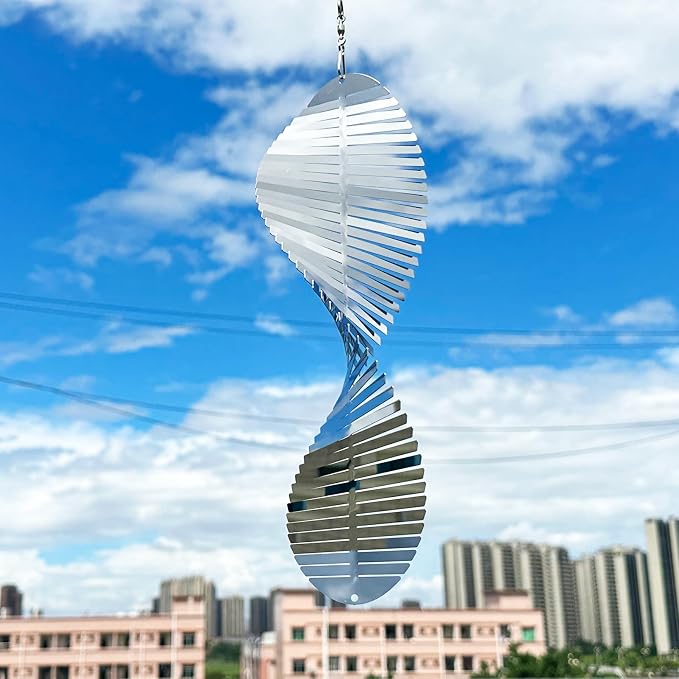 Hanging Wind Spinners,3D Spiral Highly Reflective Stainless Steel Metal Wind Spinner Outdoor Garden Decor,Bird Devices Deterrent to Scare Away Yard Birds 13.8in