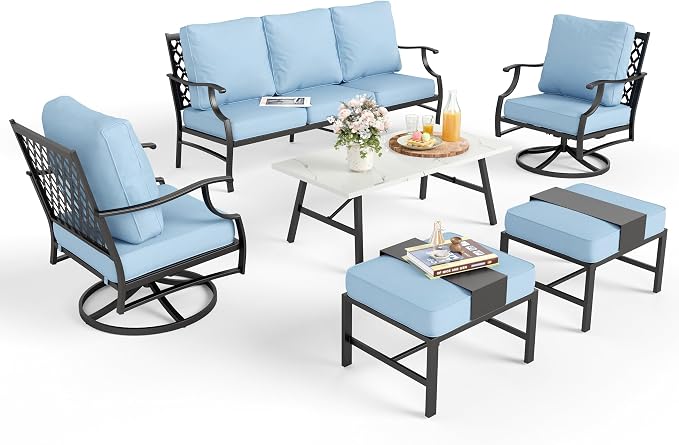 MIXPATIO Patio Furniture Set 6 pcs, Outdoor Patio Furniture, 3-Seat Sofa, 2 Swivel Chairs, 2 Ottomans, Coffee Table and 5.75" Extra Thick Cushion, Patio Conversation Set for Garden Backyard Deck,Blue